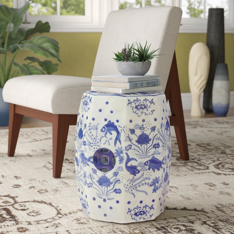 Ceramic garden stool blue and deals white